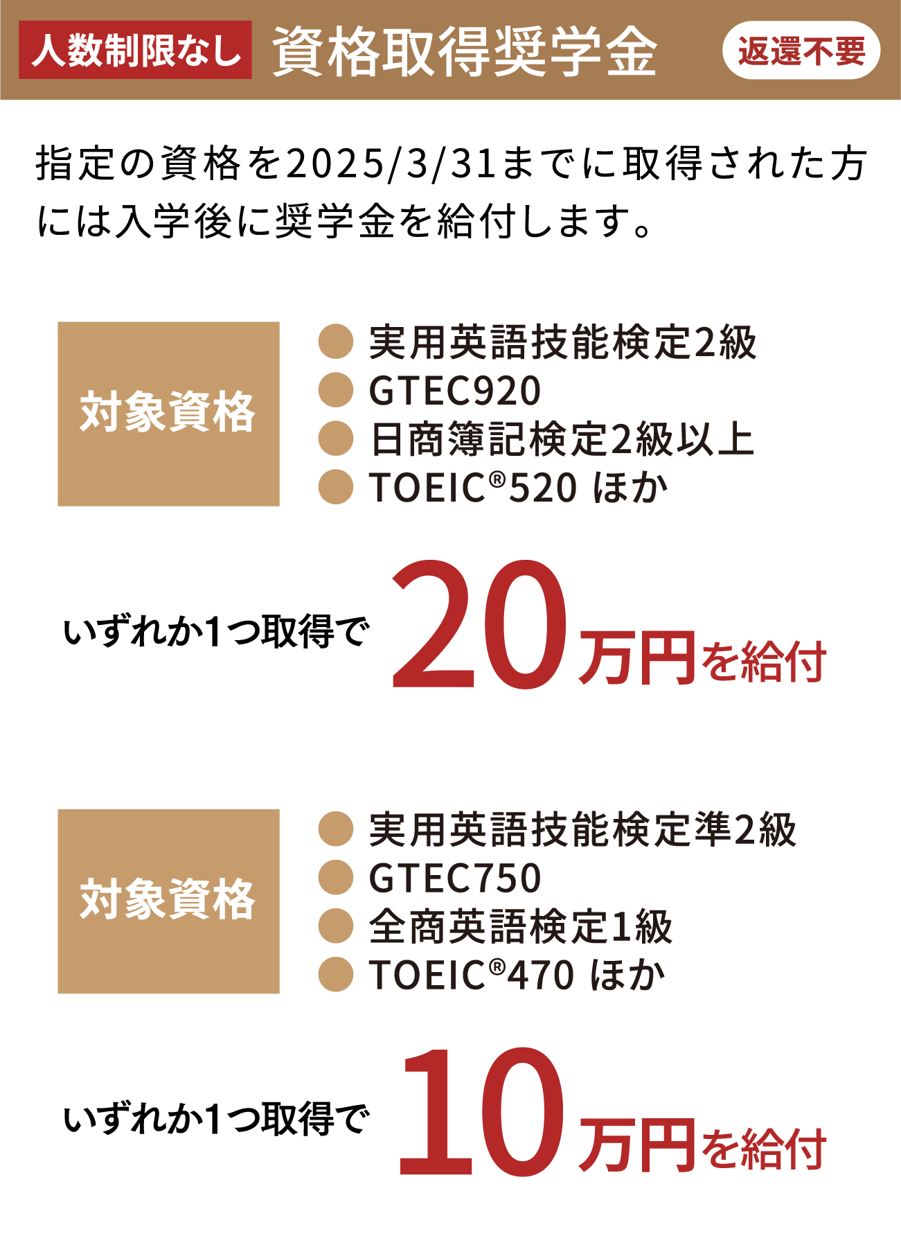 [人数制限なし]資格取得奨学金[返還不要]指定の資格を2025/3/31までに取得された方には入学後に奨学金を給付します。
