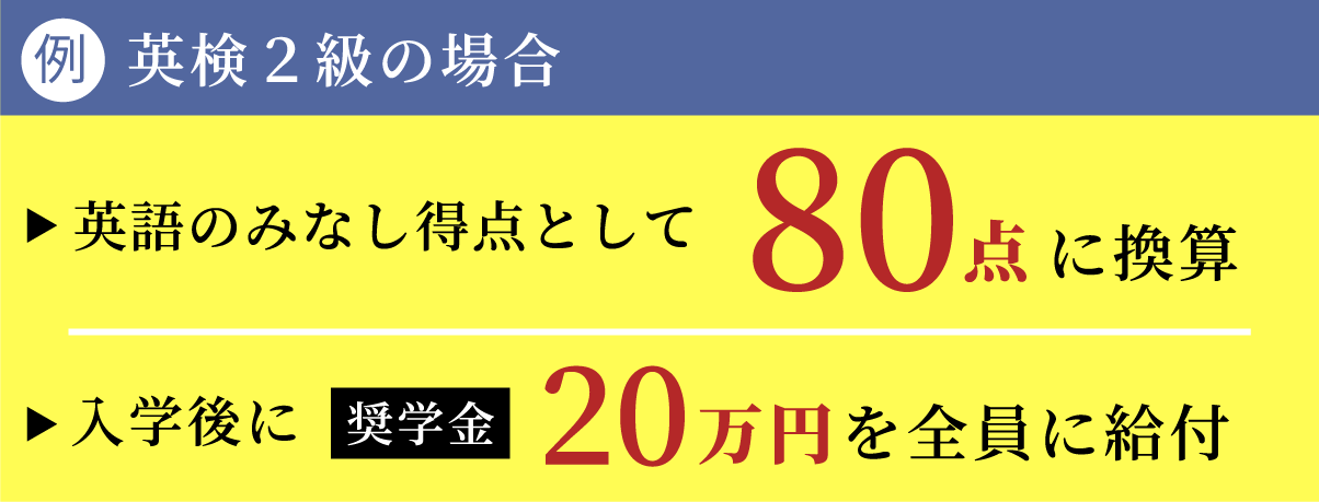 英検２級の場合英語のみなし得点として80点に換算されます。 入学後に奨学金20万円を全員に給付