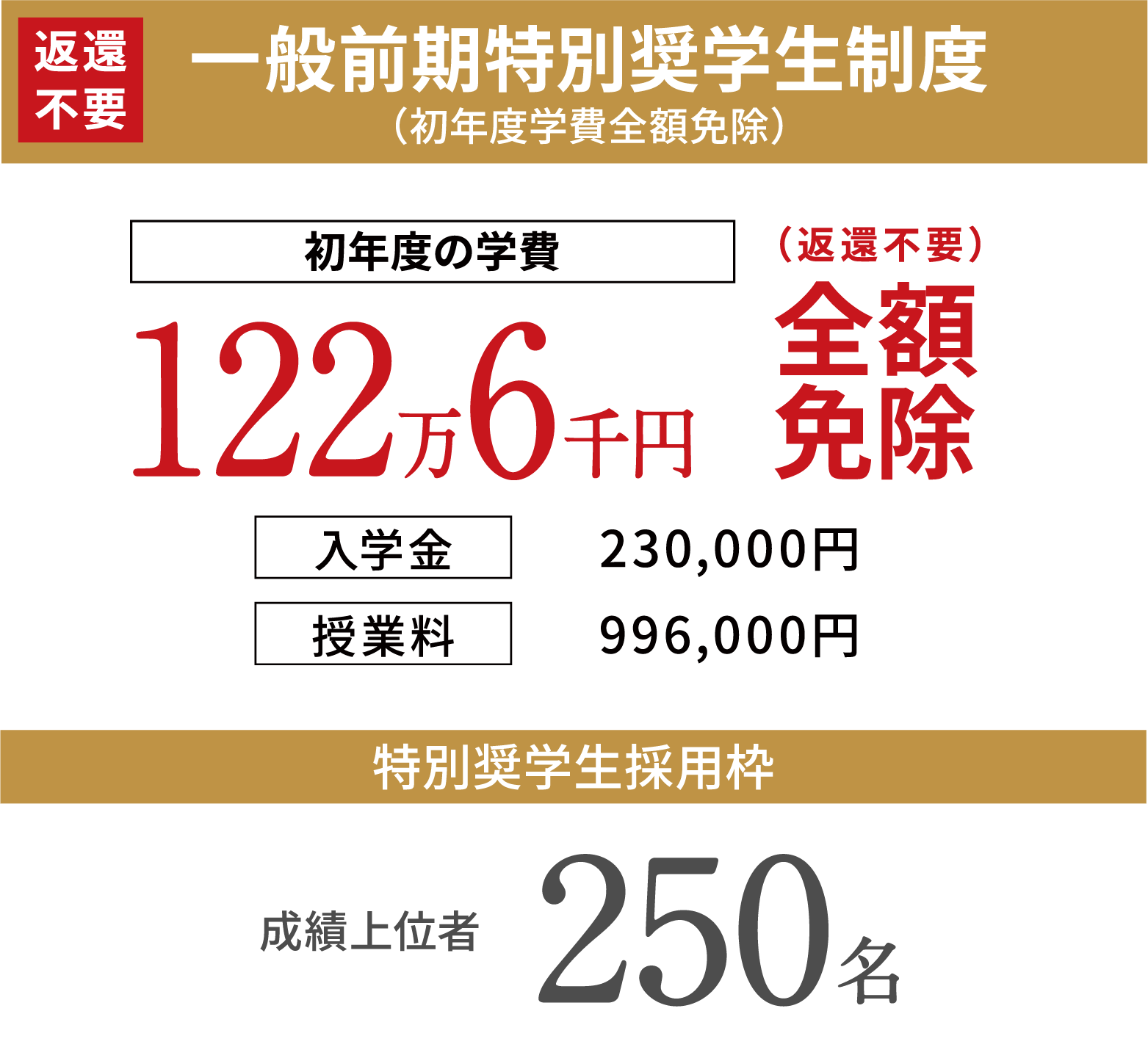 一般前期特別奨学生制度（初年度学費全額免除）[返還不要] 特別奨学生採用枠 成績上位者250名